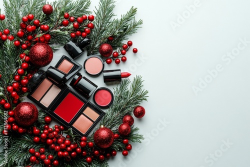 Festive makeup display with red cosmetics and holiday decorations on white su...
