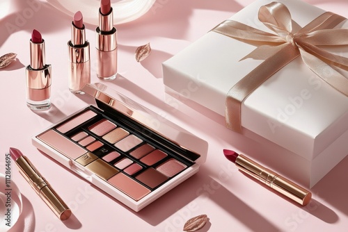 Elegant makeup palette and tools arranged on a pink background with gifts
