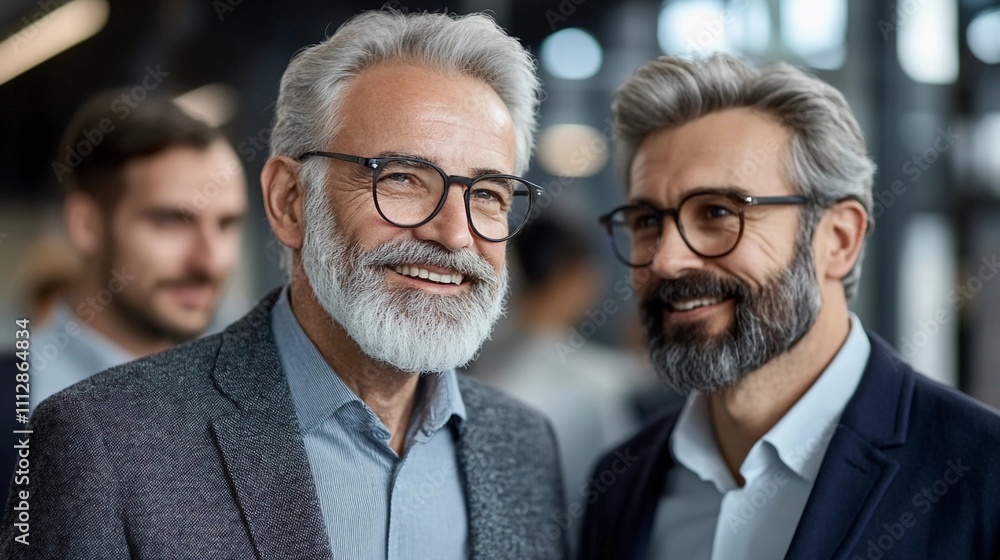 Two senior men with beards discuss ideas at a modern business event in a well-lit venue Two senior men with beards discuss ideas at a modern business event in a well-lit venue