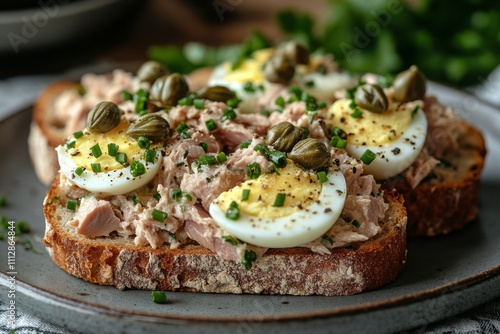 Delicious open sandwich with tuna, eggs, and capers on a rustic plate