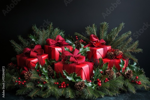 Festive red gifts arranged with greenery and pinecones for holiday celebration