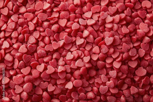 Heart shaped candies in bright red color are arranged in a playful manner on ...