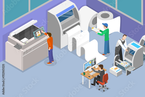3D Isometric Flat Vector Illustration of Printing House, Employees In A Printing Office Are Busy With Their Tasks