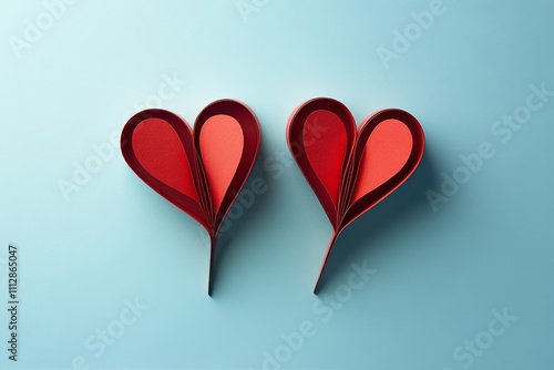 Two handcrafted red paper hearts resting on a light blue background
