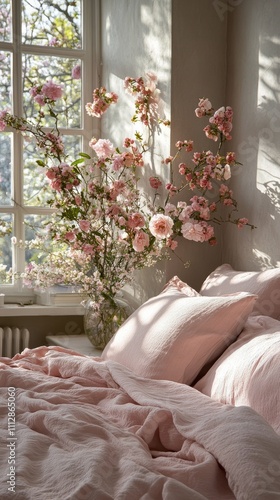 Cozy bedroom with soft linens and a bouquet of fresh flowers by the window in...