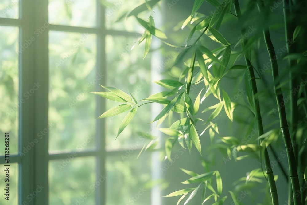 Naklejka premium Sunlight filtering through bamboo leaves beside a window in a serene indoor setting