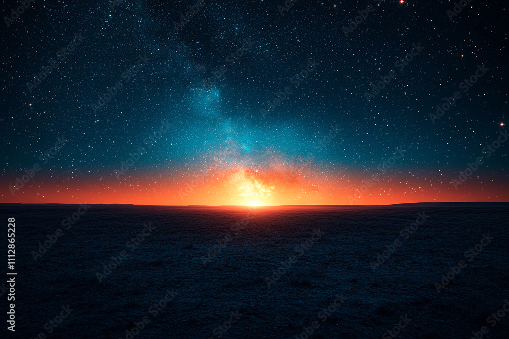 Starry Night Sky Over A Flat Landscape At Sunrise Starry Night Sky Over A Flat Landscape At Sunrise