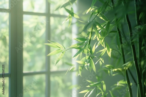 Sunlight filtering through bamboo leaves beside a window in a serene indoor s...