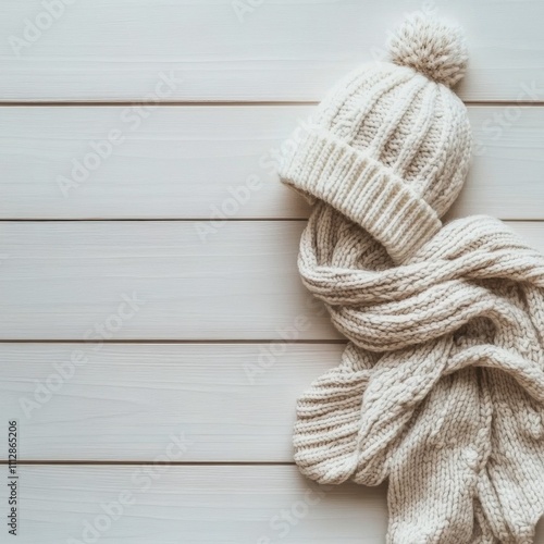 Warm winter accessories on a wooden table with festive decorations and pinecones