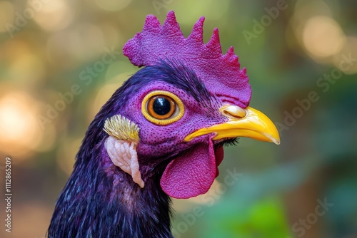 The head of a Crested Polish Chicken with a rich plum-colored crest, bright yellow beak, and striking expressive eyes, standing out against a blurred background. photo