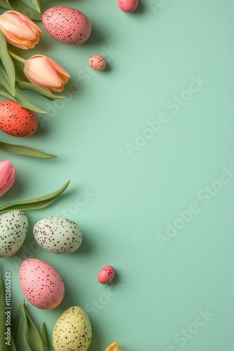 Colorful easter eggs and tulips arranged on green background for festive cele...