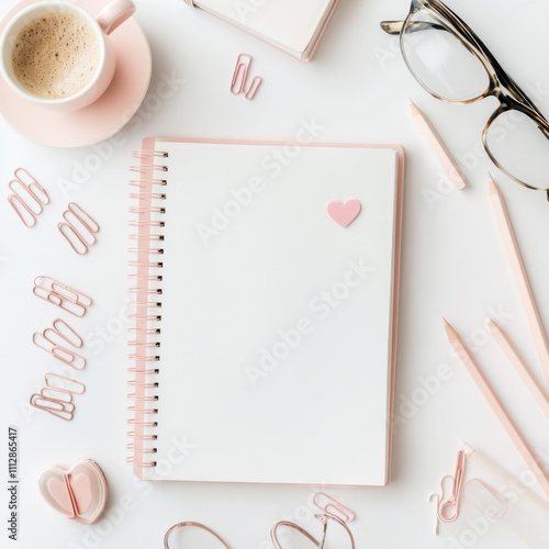 Workspace styled with pink stationery and coffee during a creative planning s...