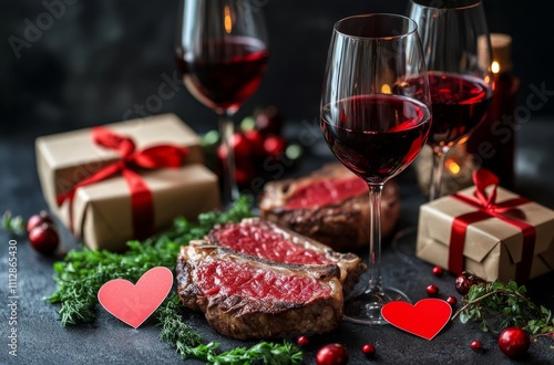 Elegant dinner setting featuring red wine, steak, and gift boxes arranged for...