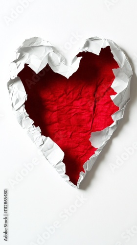 Creative heart shape made from torn paper revealing a red fabric underneath