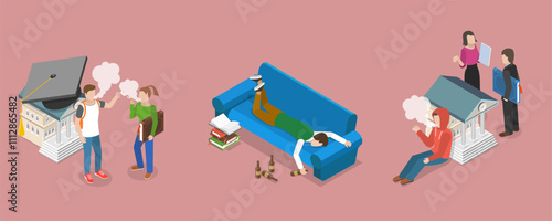 3D Isometric Flat Vector Illustration of Teenagers Bad Habits, Unhealthy Lifestyle