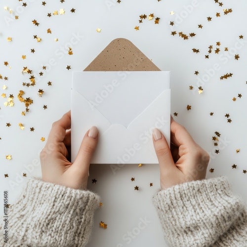 Hands holding an envelope with a golden star background in a cozy setting