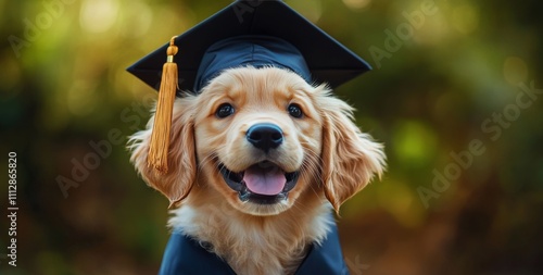 Golden retriever puppy celebrates graduation with cap and joyful expression