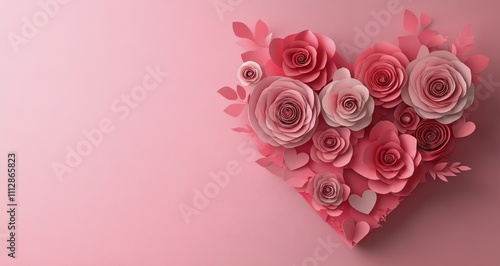 Heart shaped arrangement of pink paper flowers with delicate leaves on a soft...