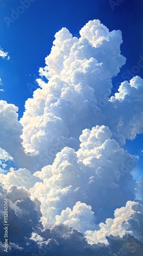 Majestic fluffy clouds towering against a bright blue sky on a sunny day