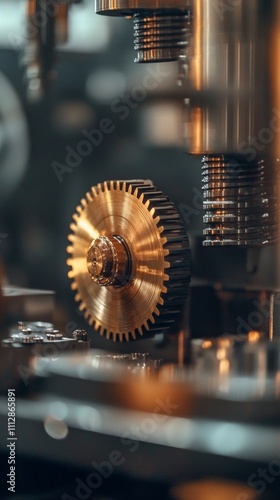 Close up view of intricate brass gears and machinery components in a workshop...