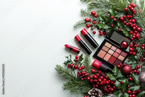 Festive makeup display with red cosmetics and holiday decorations on white su...
