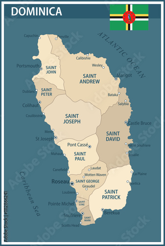 Dominica Map Vector Vintage Dark Blue Beige - Customizable layered political map of Dominica with administrative divisions for website, education, reports, news, politics, print, poster and wallpaper