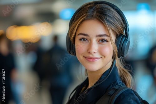 Young woman wearing headphones smiles at a busy airport terminal while waitin...