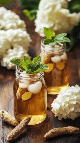 Refreshing herbal drink served in jars with mint and flowers for a summer gat...
