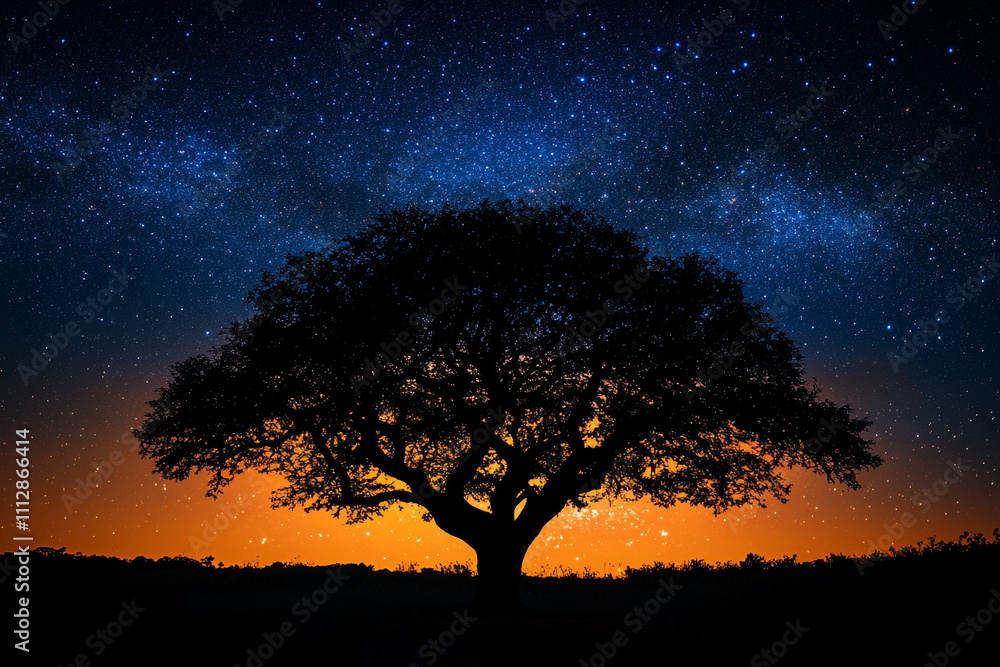 Majestic Silhouette Of A Tree Underneath A Starry Night Sky Majestic Silhouette Of A Tree Underneath A Starry Night Sky