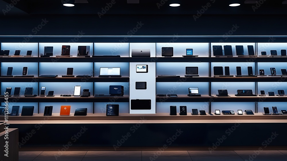 A sleek electronic store featuring the latest gadgets displayed on minimalist shelves, emphasizing modern technology, A sleek electronic store featuring the latest gadgets displayed on minimalist shelves, emphasizing modern technology,