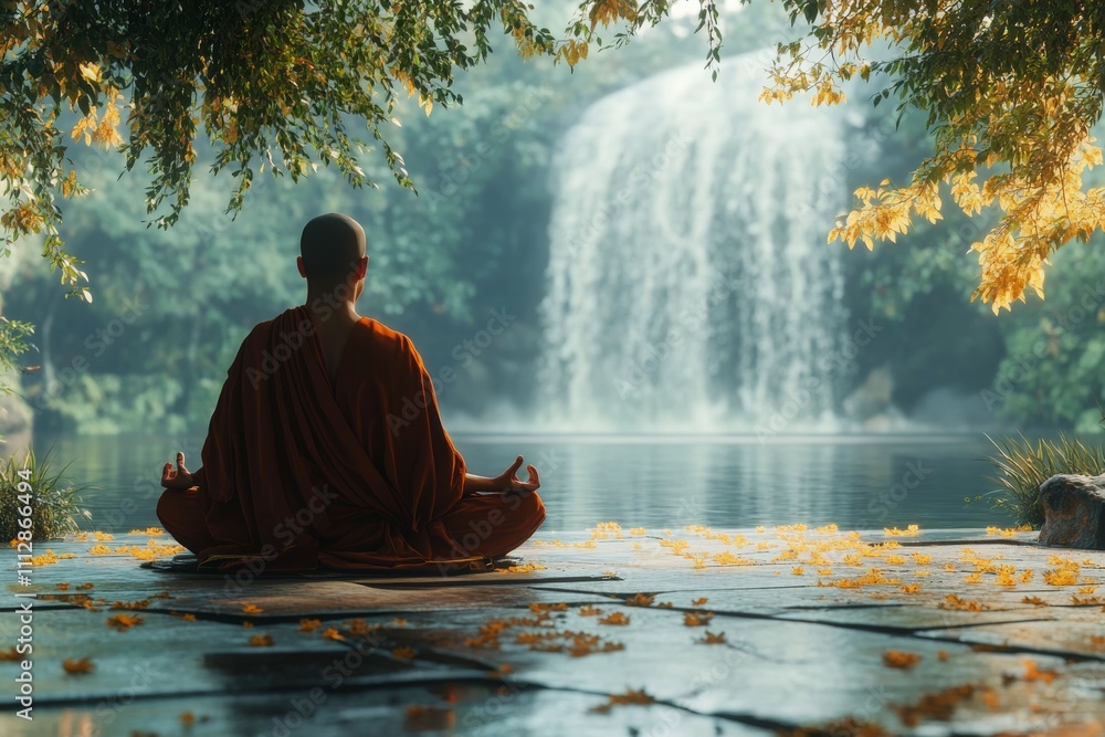 Serene meditation by a tranquil waterfall in an autumn landscape at dawn Serene meditation by a tranquil waterfall in an autumn landscape at dawn