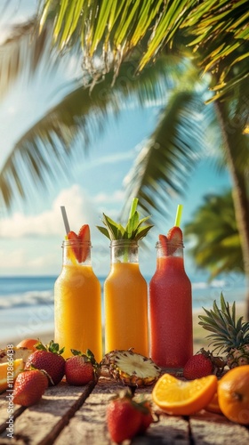 Refreshing tropical drinks on a beach with palm trees during sunset