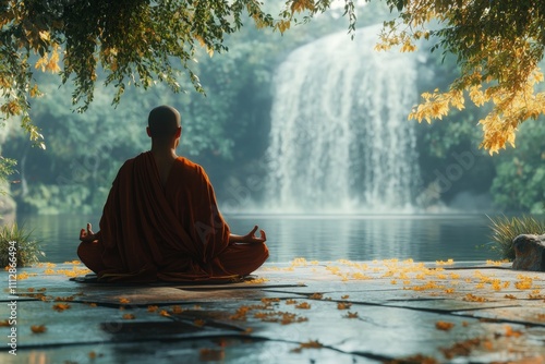 Serene meditation by a tranquil waterfall in an autumn landscape at dawn