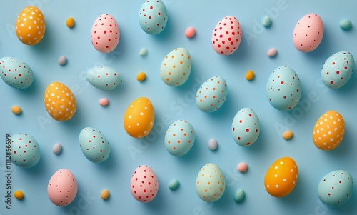 Hand painted Easter eggs decorate a bright blue background for spring celebra...
