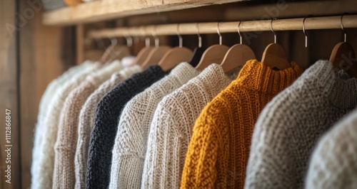Soft knitted sweaters displayed on wooden hangers in a cozy shop