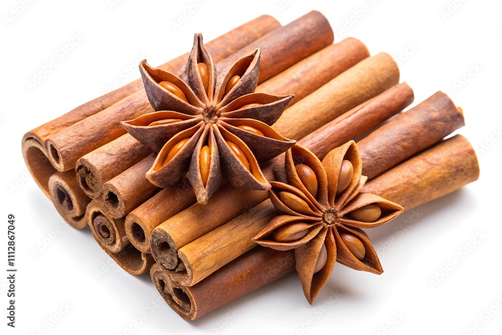 Set cinnamon sticks and star anise seeds isolated on white background, top view
