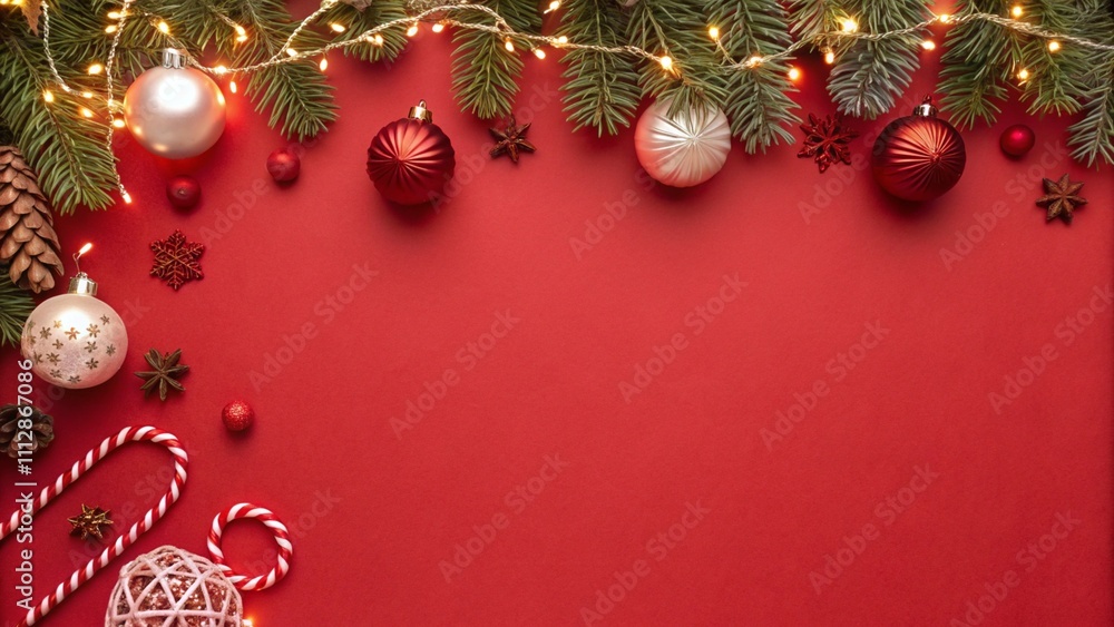 red background with christmas decorations on top and empty space for text
red background with christmas decorations on top and empty space for text