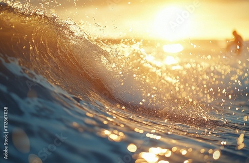 Waves crashing at sunset reflecting golden light on the ocean surface