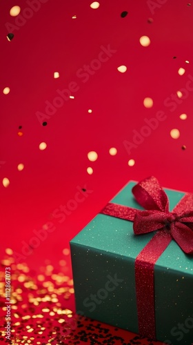 Gift box with red ribbon amidst colorful confetti on festive red background