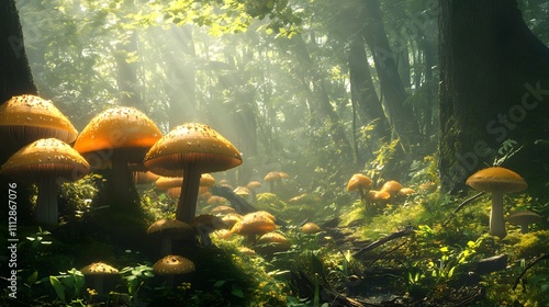 Sunlit forest path with cluster of orange mushrooms. photo