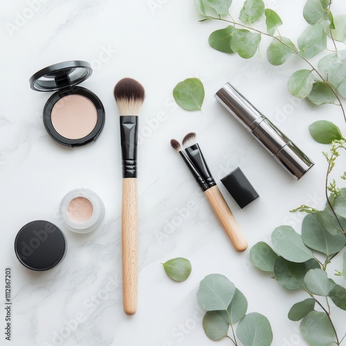 Beautiful arrangement of makeup products with brushes and eucalyptus leaves o...