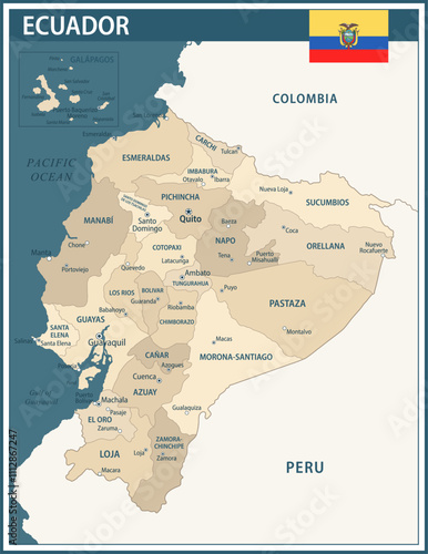 Ecuador Map Vector Vintage Dark Blue Beige - Customizable layered political map of Ecuador with administrative divisions for website, education, reports, news, politics, print, poster and wallpaper