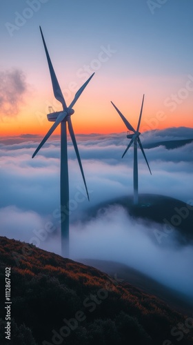 Wind turbines rising above the clouds during sunrise in a serene landscape