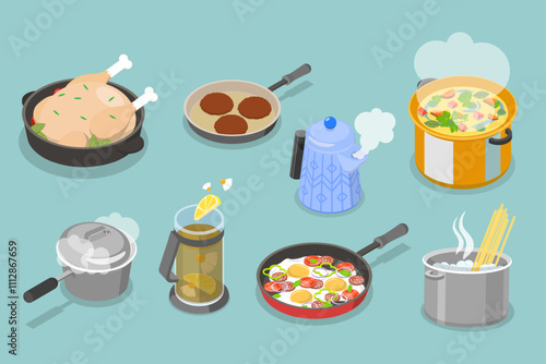 3D Isometric Flat Vector Set of Cooking Pans and Pots, Preparing Home Food