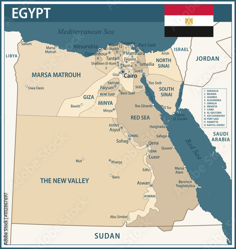 Egypt Map Vector Vintage Dark Blue Beige - Customizable layered political map of Egypt with administrative divisions for website, education, reports, news, politics, print, poster and wallpaper