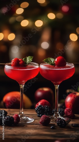 Refreshing cocktails served in elegant glasses with fresh fruits and herbs on...