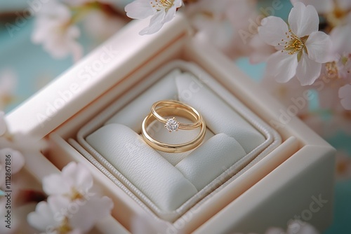 Elegant wedding rings displayed on soft cushion surrounded by delicate blooms
