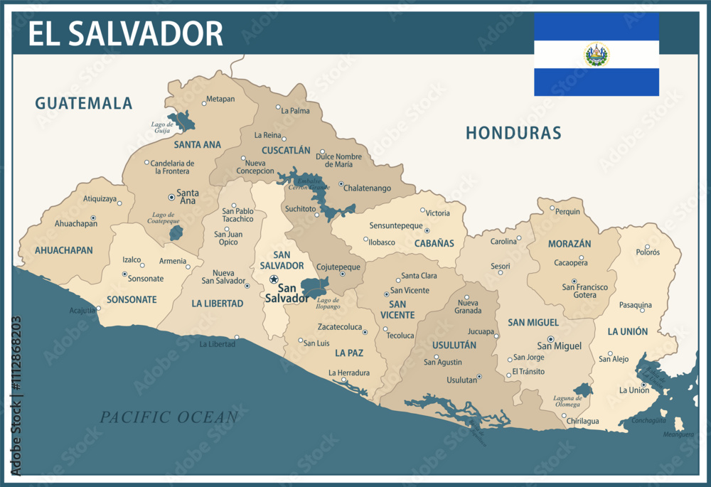 Fototapeta premium El Salvador Map Vector Vintage Dark Blue Beige - Customizable layered political map of El Salvador with administrative divisions for website, education, reports, news, politics, print, poster