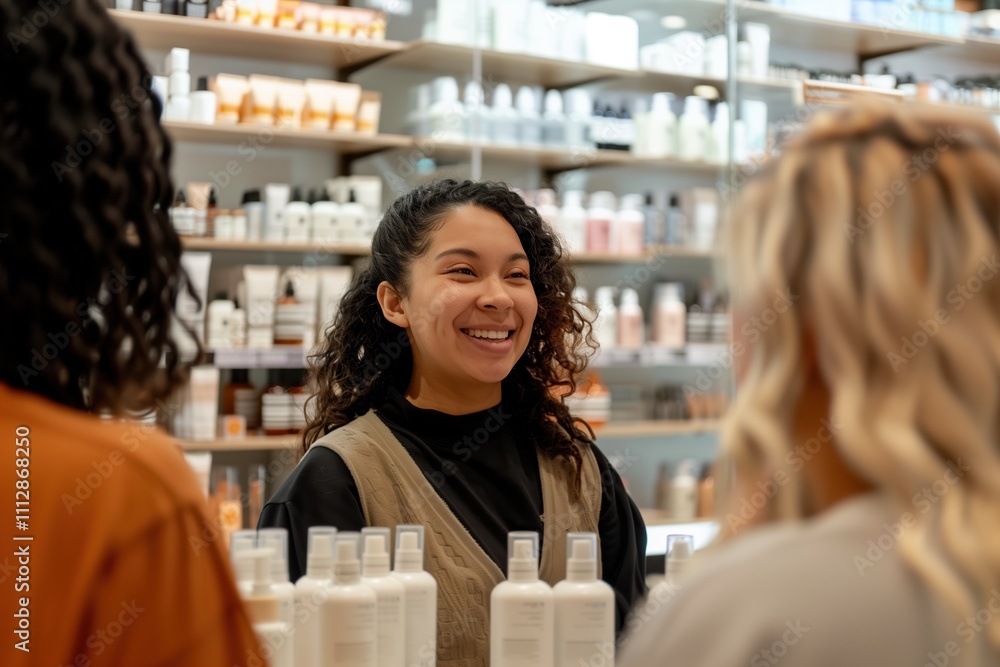 Friendly salesperson assisting customers in a modern beauty store, surrounded by shelves filled with skincare and haircare products Friendly salesperson assisting customers in a modern beauty store, surrounded by shelves filled with skincare and haircare products