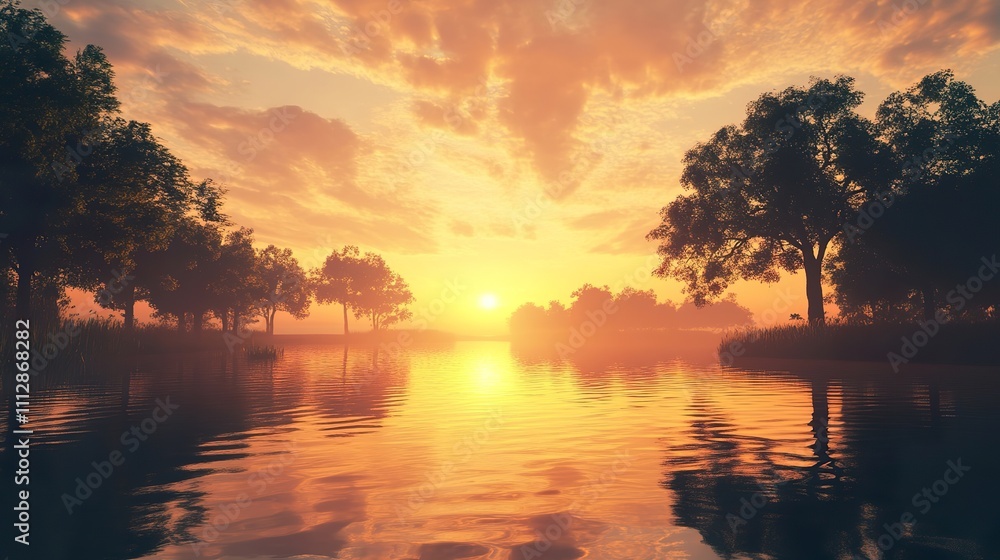 A serene sunset view over a peaceful lake with silhouettes of trees along the shoreline, embodying tranquility. A serene sunset view over a peaceful lake with silhouettes of trees along the shoreline, embodying tranquility.